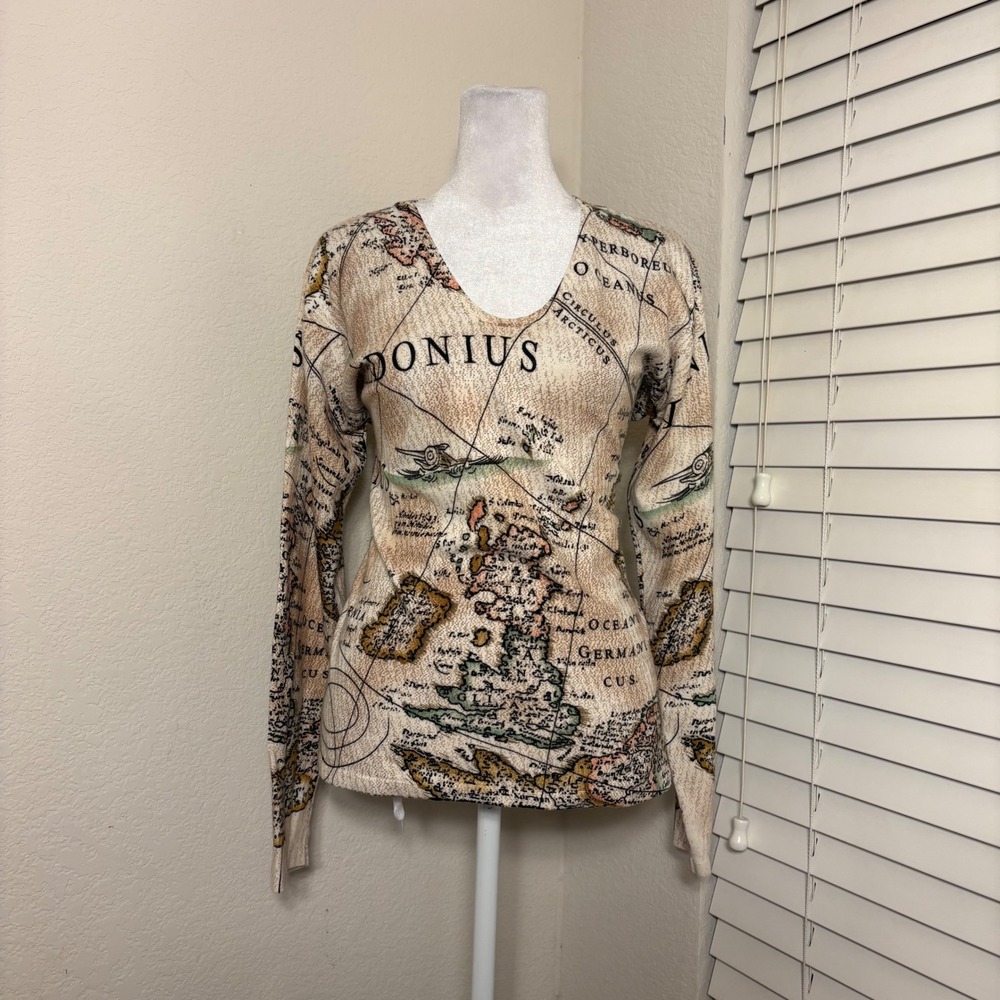 Y2K UBU World Map Print V-Neck Long Sleeve Knit Top Tan Whimsical Nerdy Sz L